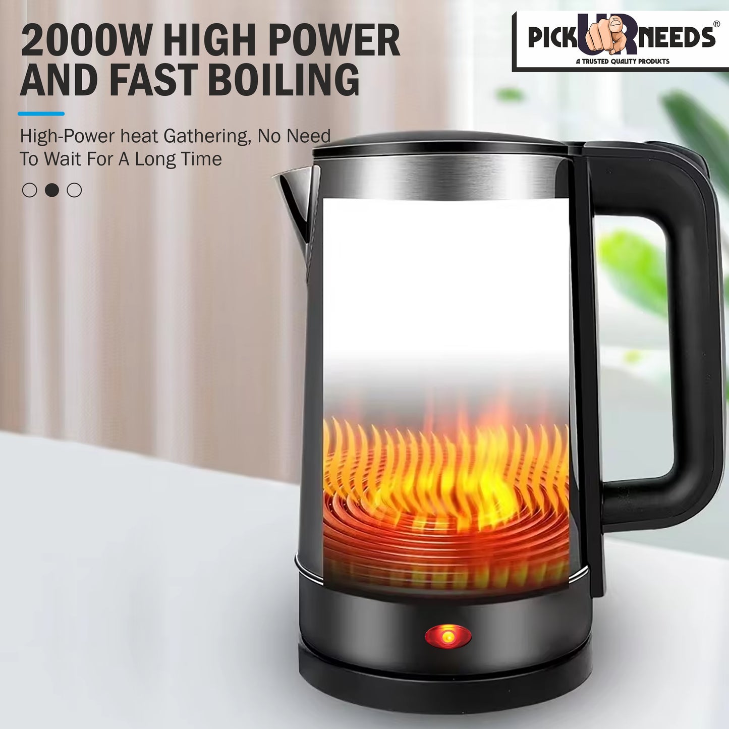 Pick Ur Needs Premium Stainless Steel Interior And Exterior With 360° Swivel Base 2000 Watts For Fast Boiling Electric Kettle 2 liter,