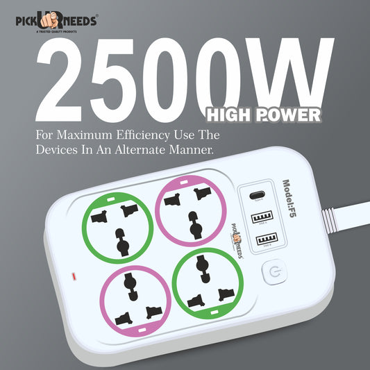Pick Ur Needs Extension Cord/Board/Power Strip 4 Socket with 2 USB + 1 C Type Charging Ports -10 Amp for Multiple Electronic Devices Smartphone Tablet Laptop
