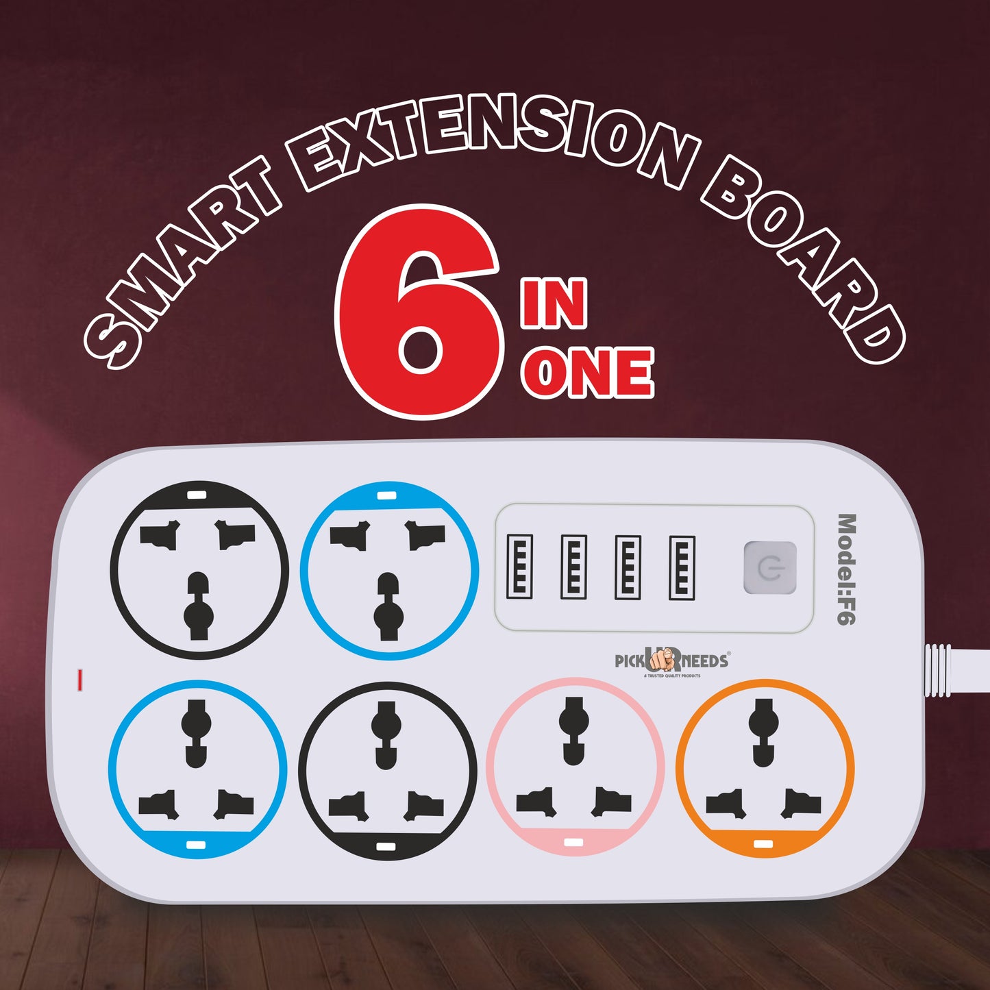 Pick Ur Needs Extension Cord/Board/Power Strip with 4 USB Charging Ports and 6 Socket -10 Amp for Multiple Electronic Devices Smartphone Tablet Laptop