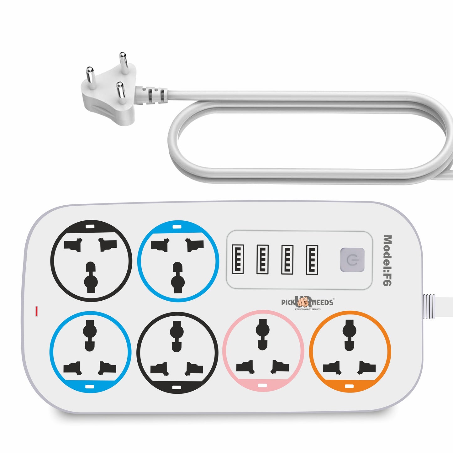 Pick Ur Needs Extension Cord/Board/Power Strip with 4 USB Charging Ports and 6 Socket -10 Amp for Multiple Electronic Devices Smartphone Tablet Laptop