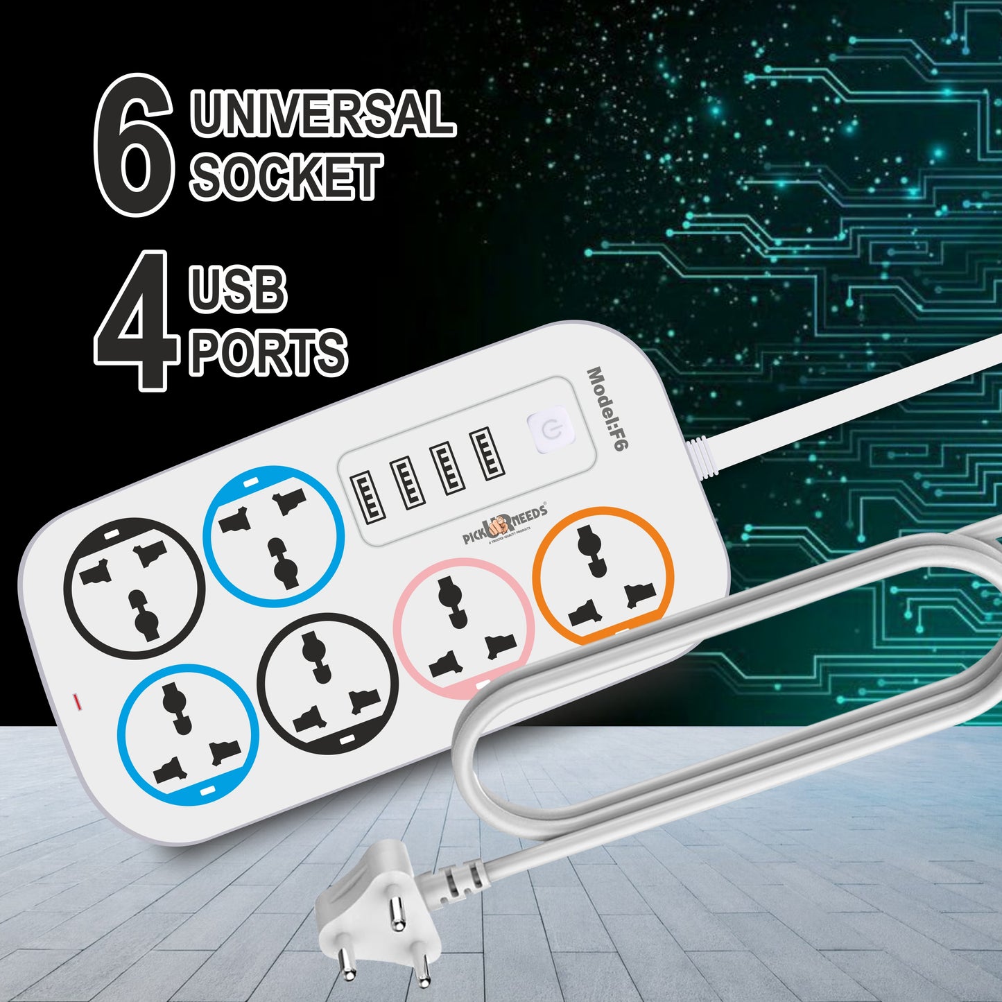 Pick Ur Needs Extension Cord/Board/Power Strip with 4 USB Charging Ports and 6 Socket -10 Amp for Multiple Electronic Devices Smartphone Tablet Laptop