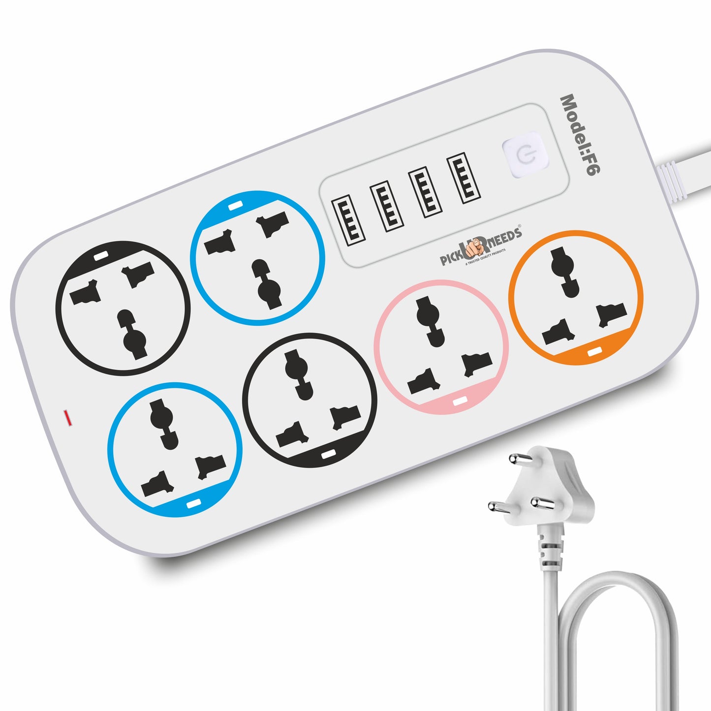 Pick Ur Needs Extension Cord/Board/Power Strip with 4 USB Charging Ports and 6 Socket -10 Amp for Multiple Electronic Devices Smartphone Tablet Laptop