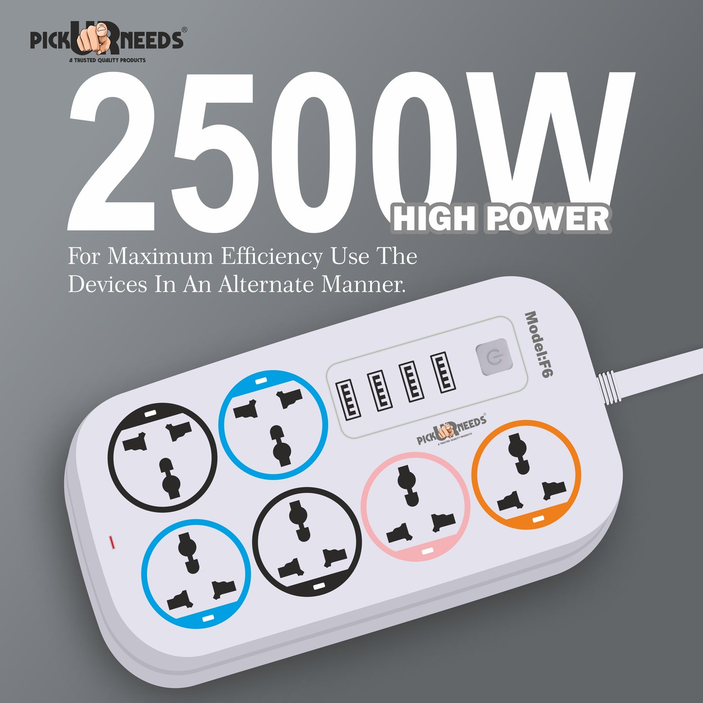 Pick Ur Needs Extension Cord/Board/Power Strip with 4 USB Charging Ports and 6 Socket -10 Amp for Multiple Electronic Devices Smartphone Tablet Laptop