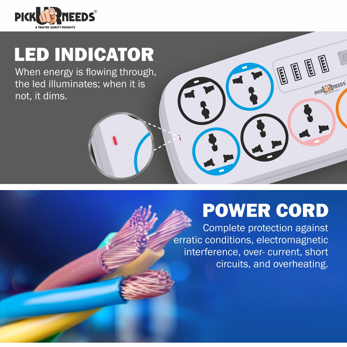 Pick Ur Needs Extension Cord/Board/Power Strip with 4 USB Charging Ports and 6 Socket -10 Amp for Multiple Electronic Devices Smartphone Tablet Laptop