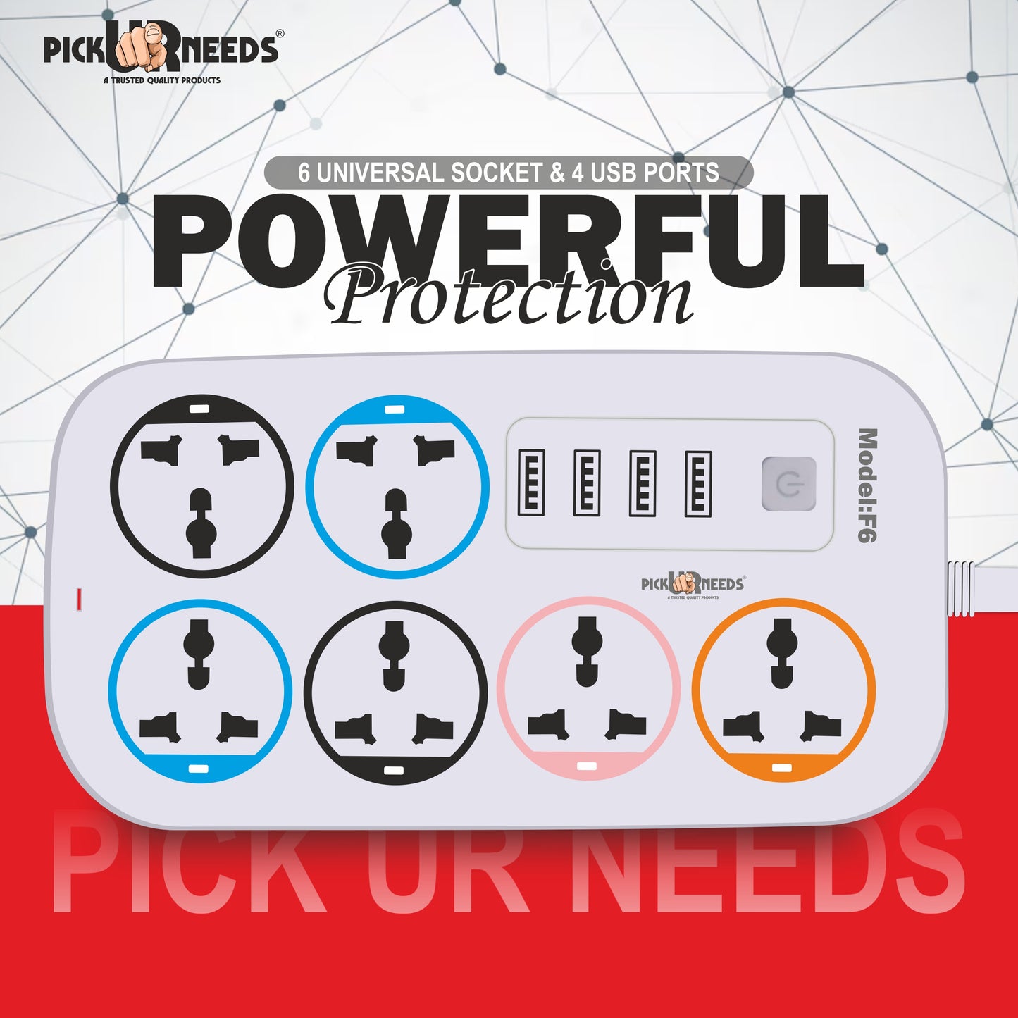 Pick Ur Needs Extension Cord/Board/Power Strip with 4 USB Charging Ports and 6 Socket -10 Amp for Multiple Electronic Devices Smartphone Tablet Laptop