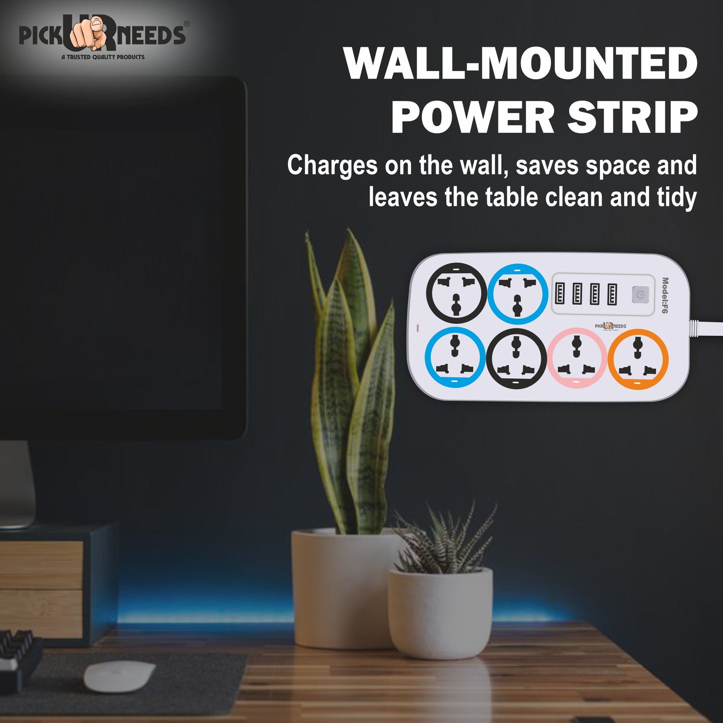 Pick Ur Needs Extension Cord/Board/Power Strip with 4 USB Charging Ports and 6 Socket -10 Amp for Multiple Electronic Devices Smartphone Tablet Laptop