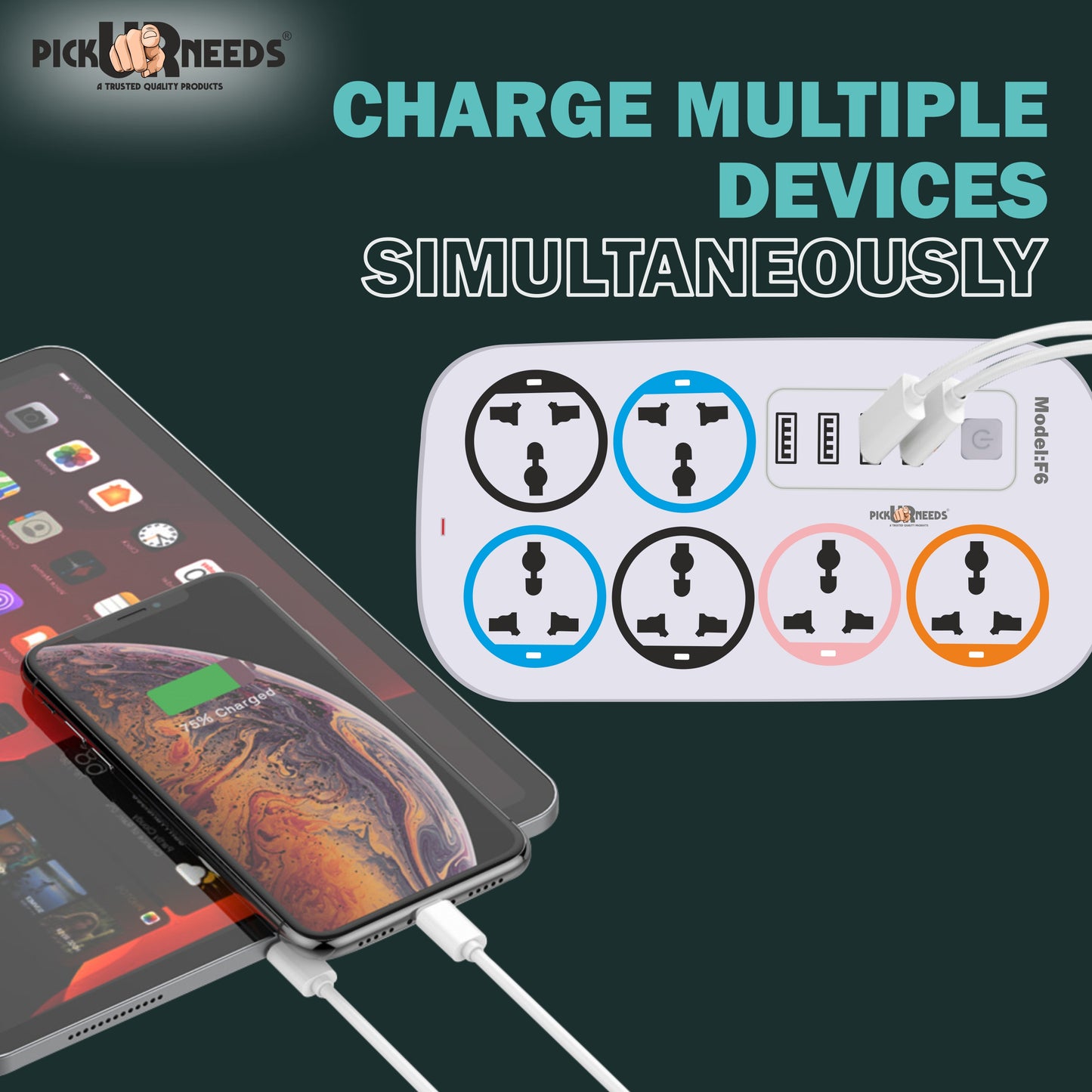 Pick Ur Needs Extension Cord/Board/Power Strip with 4 USB Charging Ports and 6 Socket -10 Amp for Multiple Electronic Devices Smartphone Tablet Laptop
