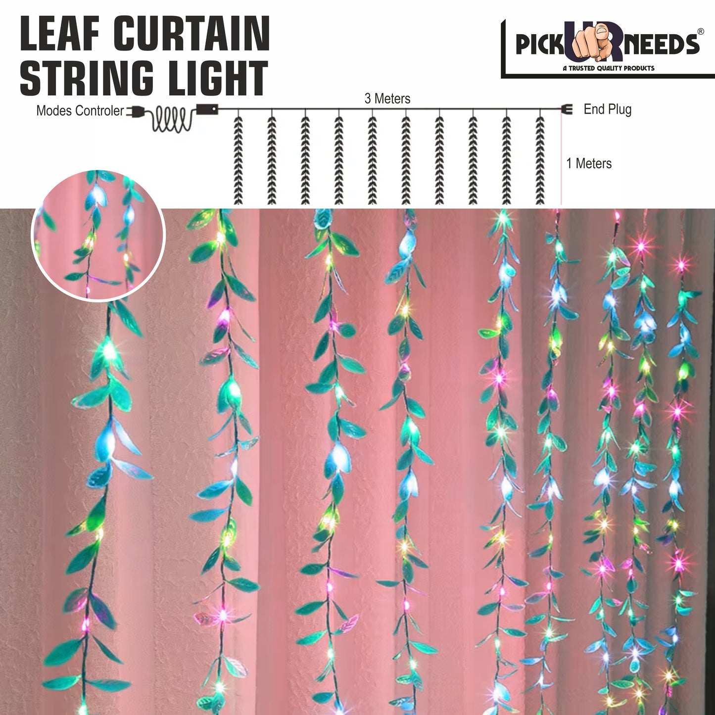 Pick Ur Needs Leaf Pattern Curtain String Light 3 Metre 160 Multiple Color LED 8 Flashing Mode Ceiling Lamp