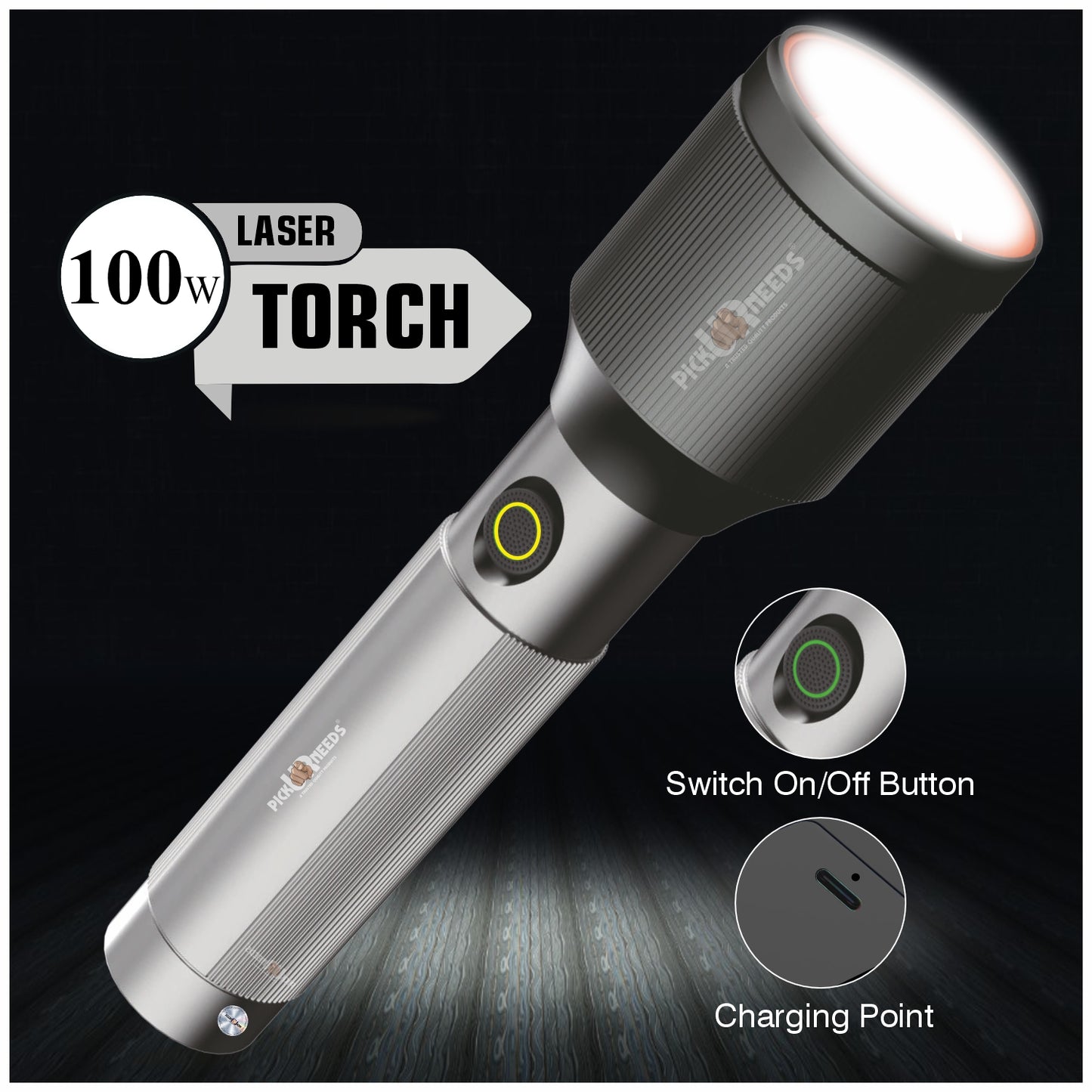 Pick Ur Needs Chargeable Aluminium Body Torch Adjustable Focus LED 100W Laser 2000mAh Battery 5 hrs Torch Emergency Light