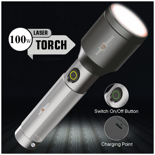 Pick Ur Needs Chargeable Aluminium Body Torch Adjustable Focus LED 100W Laser 2000mAh Battery 5 hrs Torch Emergency Light