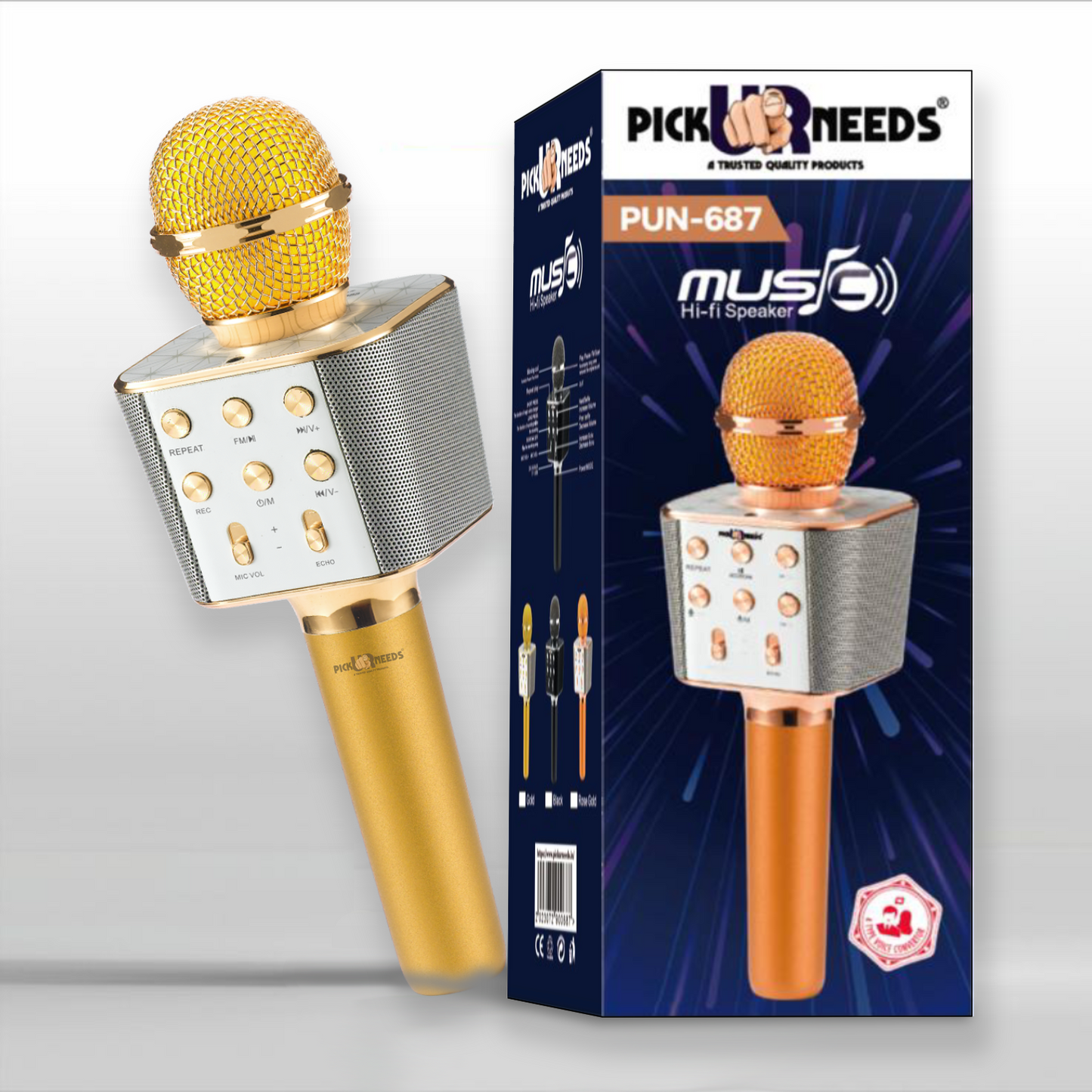 Pick Ur Needs Karaoke Mic with Led Light Wireless Bluetooth Microphone Connection Player Speaker 2-in1 with Recording + USB+FM