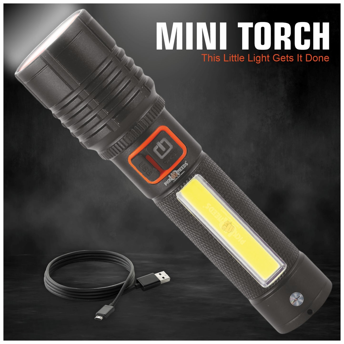 Pick Ur Needs Rechargeable 100W Aluminium Body Home Emergency Mini Search Torch Light Zoomable with 3 Mode + Side COB with 2 Mode 1200mAH Battery