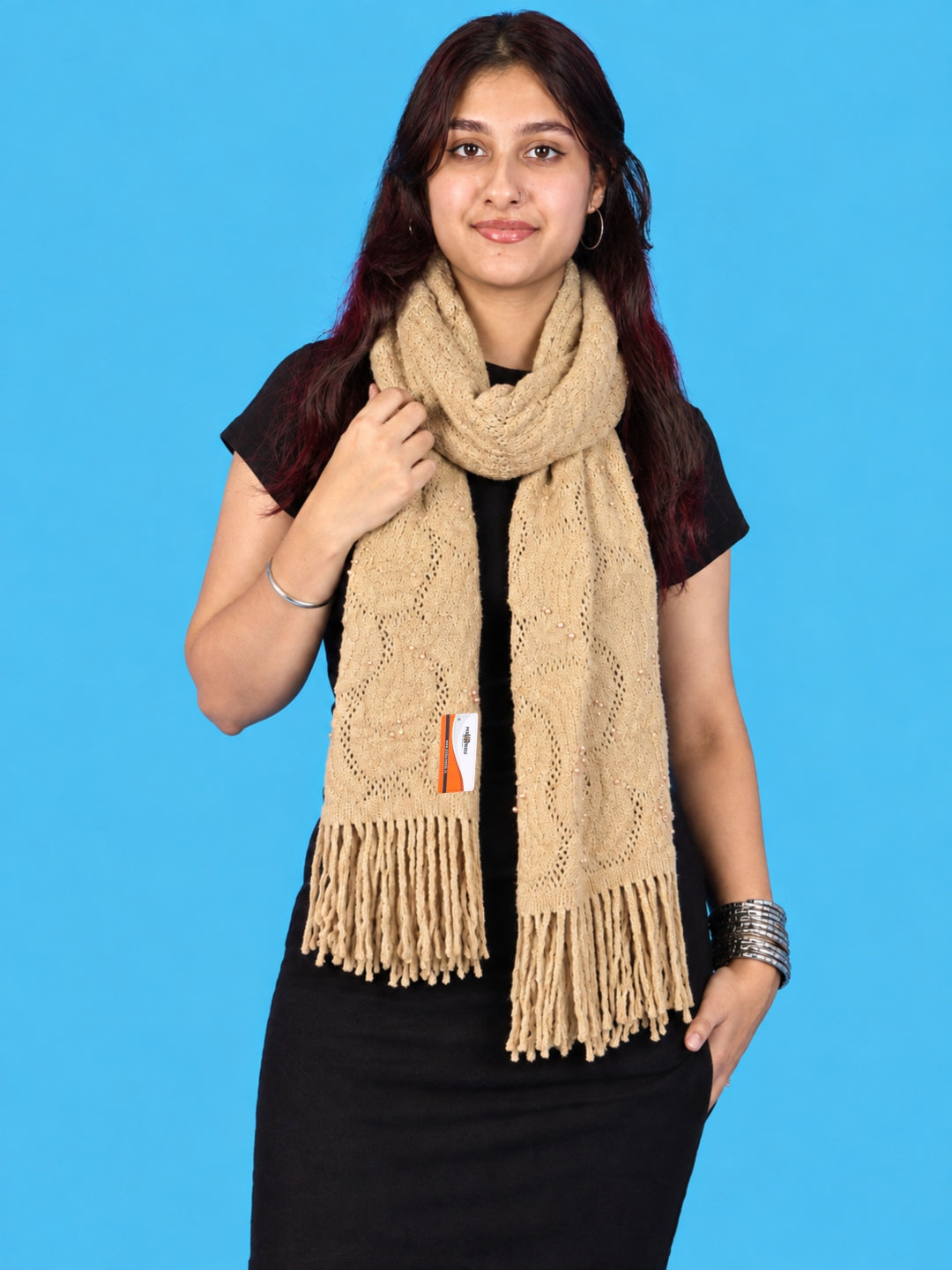 Pick Ur Needs Women & Girls Winter Warm Woolen Muffler with Pearl Work & Fringes – Soft Stylish Wrap