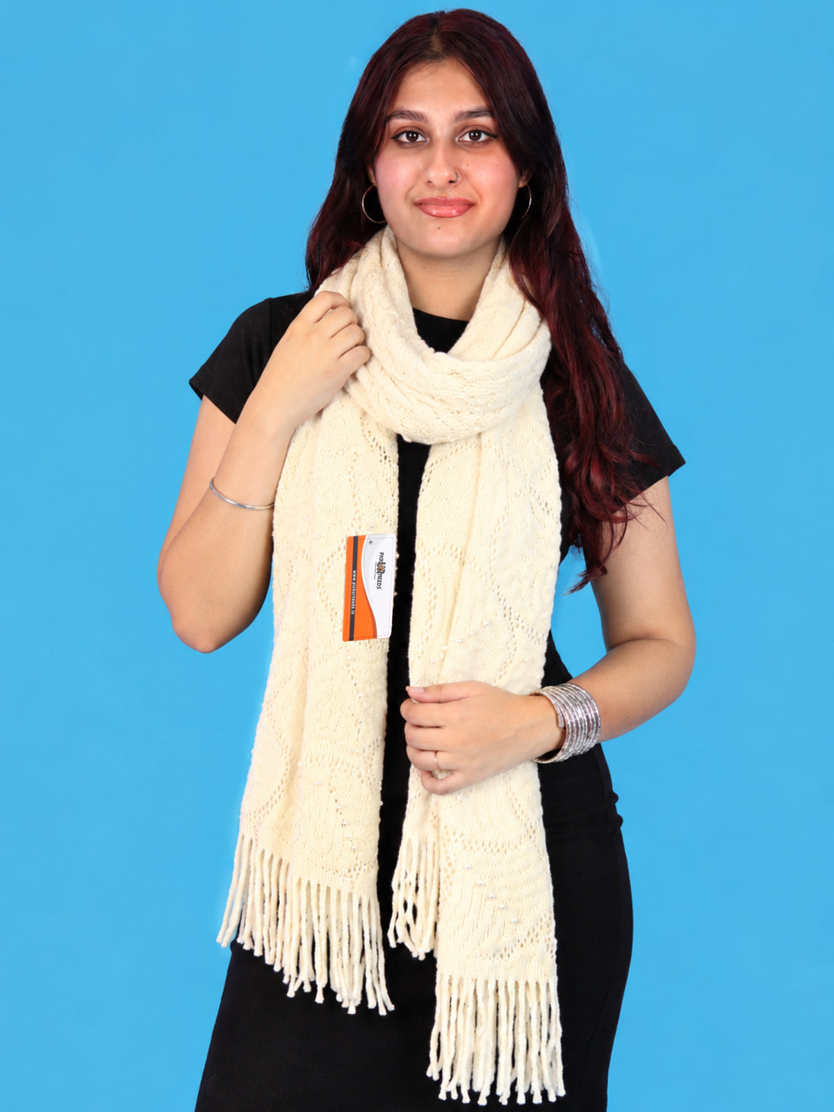 Pick Ur Needs Women & Girls Winter Warm Woolen Muffler with Pearl Work & Fringes – Soft Stylish Wrap