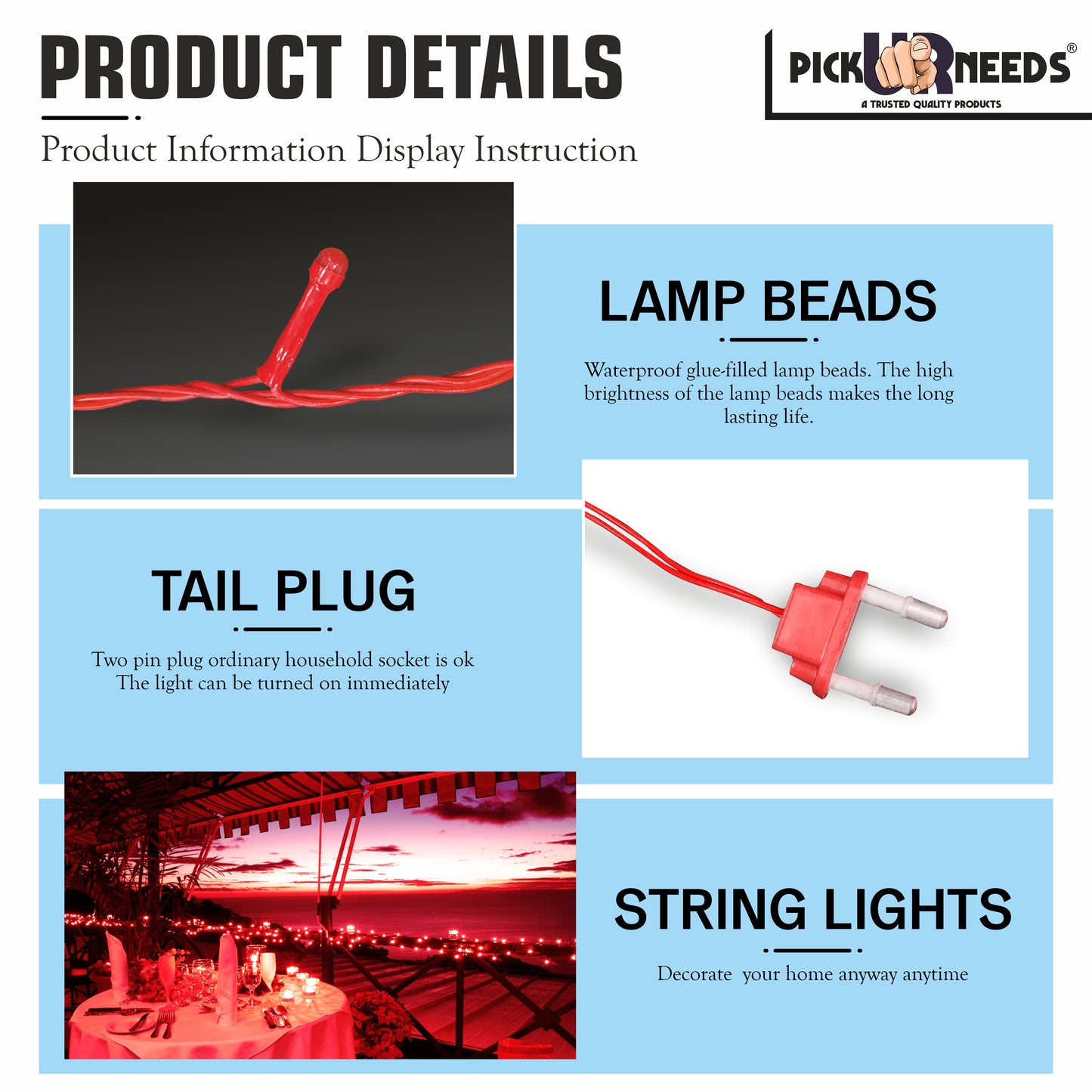 Pick Ur Needs 60 LEDs 20 m Yellow Steady String Rice Lights  (Pack of 4)