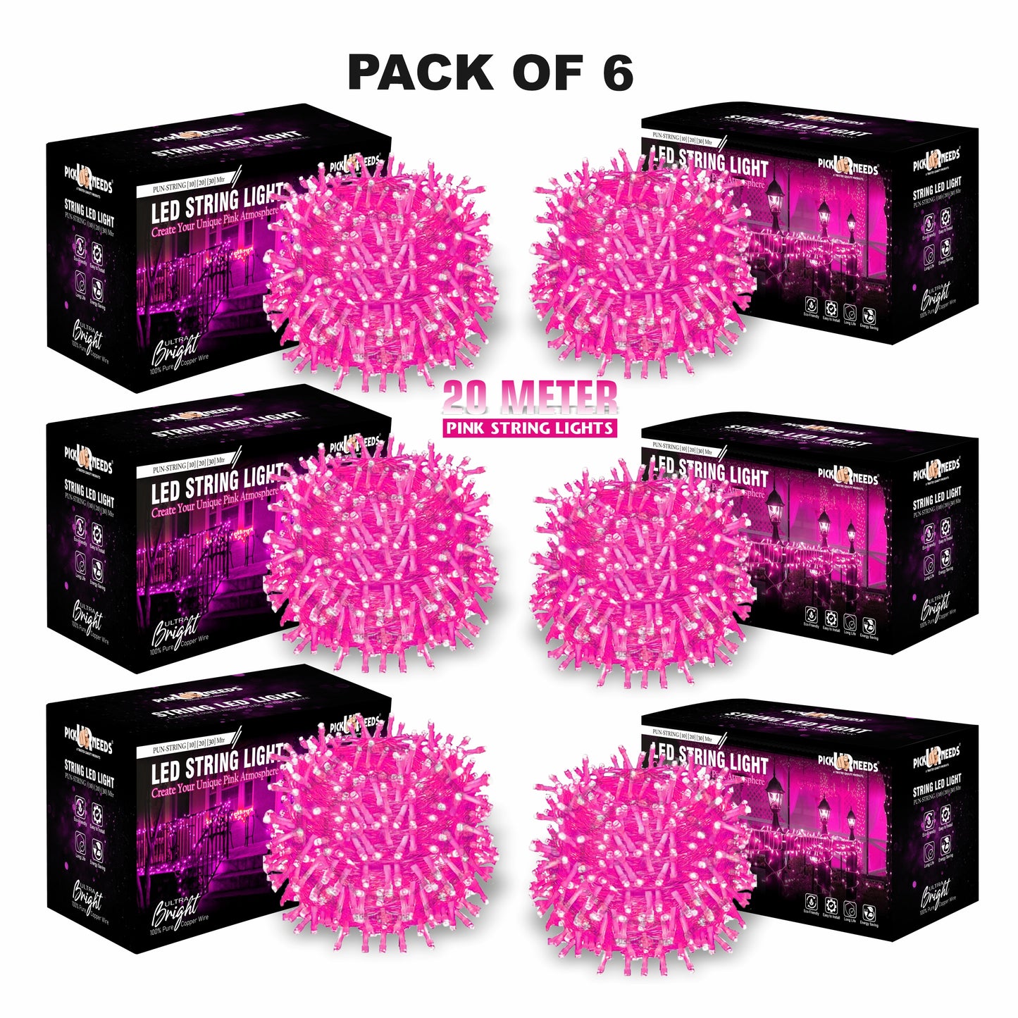Pick Ur Needs 60 LEDs 20 m Yellow Steady String Rice Lights  (Pack of 6)