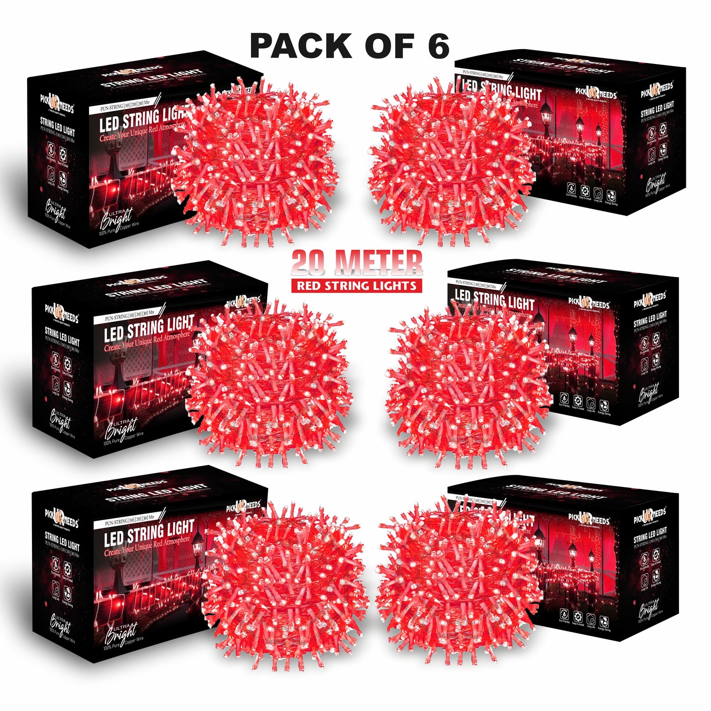 Pick Ur Needs 60 LEDs 20 m Yellow Steady String Rice Lights  (Pack of 6)