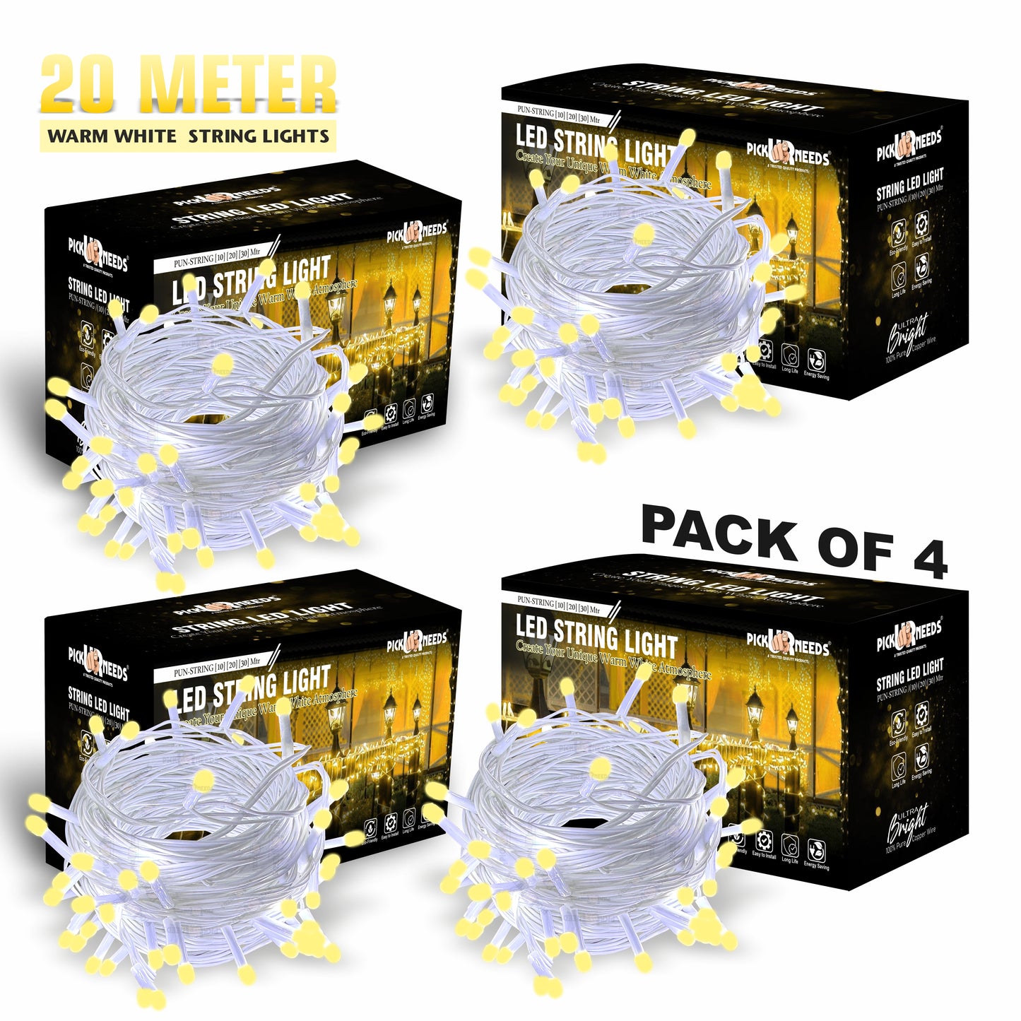 Pick Ur Needs 60 LEDs 20 m Yellow Steady String Rice Lights  (Pack of 4)