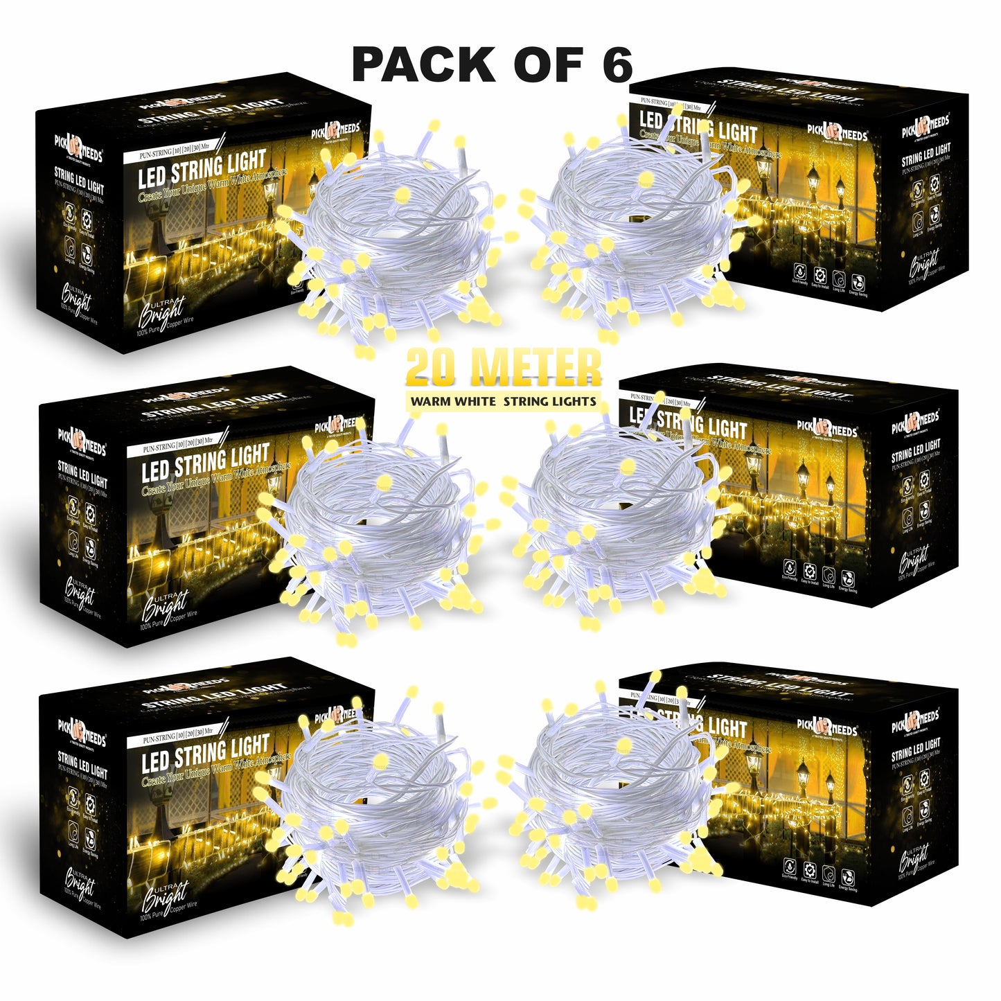 Pick Ur Needs 60 LEDs 20 m Yellow Steady String Rice Lights  (Pack of 6)