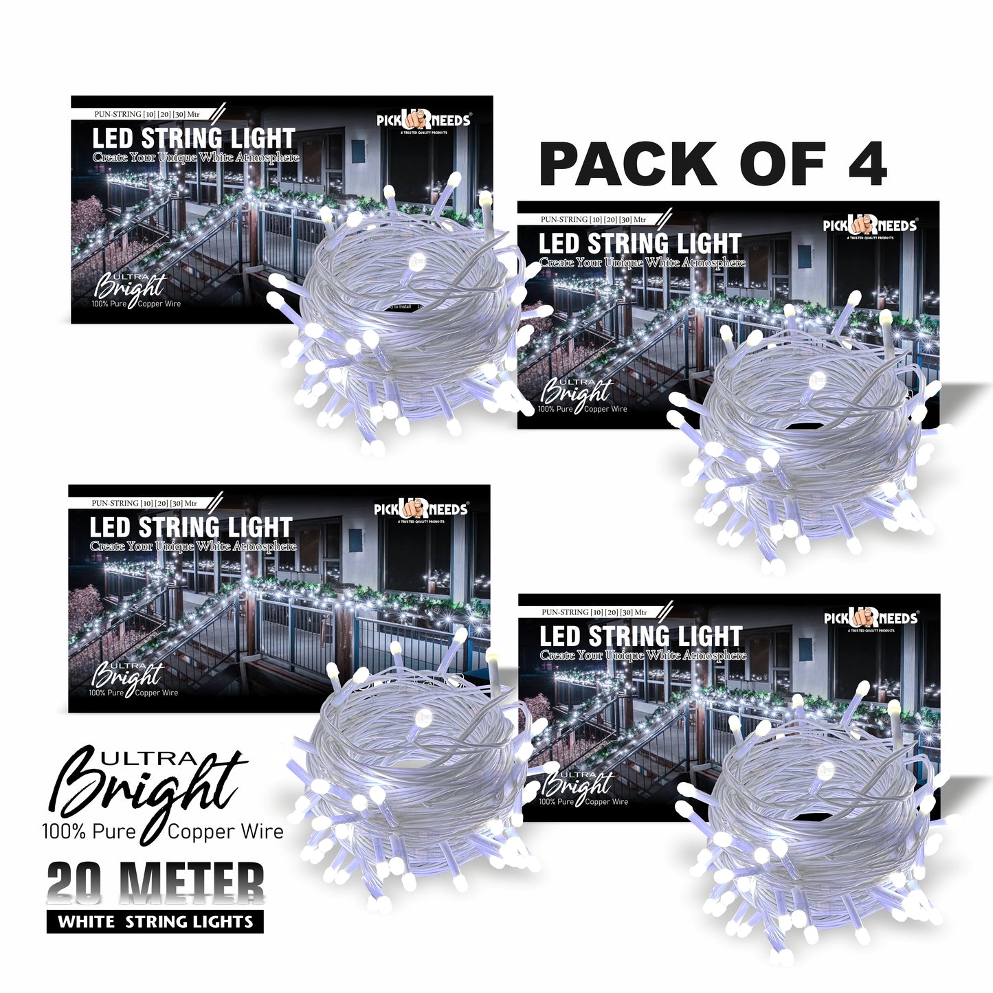 Pick Ur Needs 60 LEDs 20 m Yellow Steady String Rice Lights  (Pack of 4)