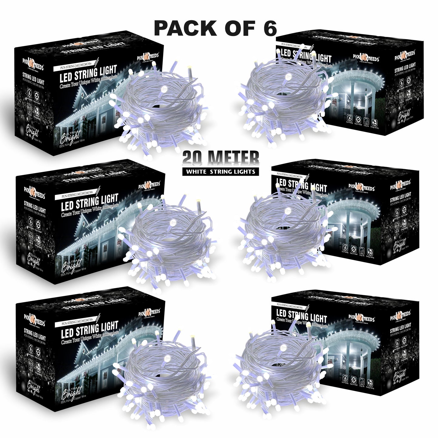 Pick Ur Needs 60 LEDs 20 m Yellow Steady String Rice Lights  (Pack of 6)