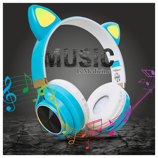 Pick Ur Needs Wireless  Cat Design Headphone With Microphone Stereo HiFi Earphones Bluetooth (Blue)