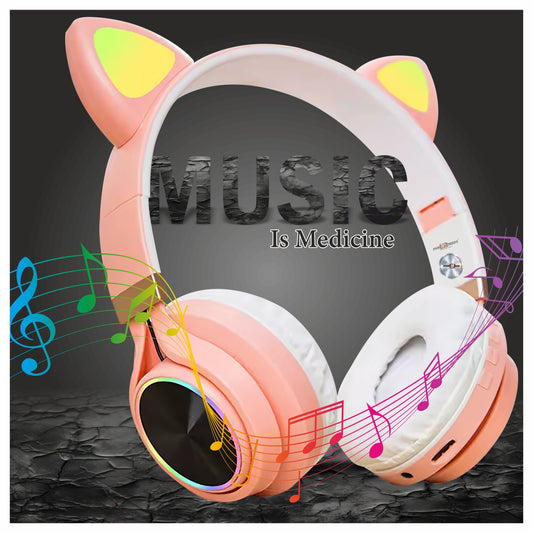 Pick Ur Needs  Headphone With Microphone Wireless Bluetooth Cat Design Stereo HiFi Earphones Bluetooth (Pink)