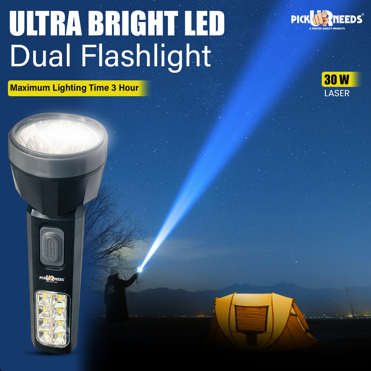 Pick Ur Needs Rechargeable Torch Search Light 30W + 8 High Big SMD Side Light 800 mAh Battery 3 hrs Torch Emergency Light  (Black)