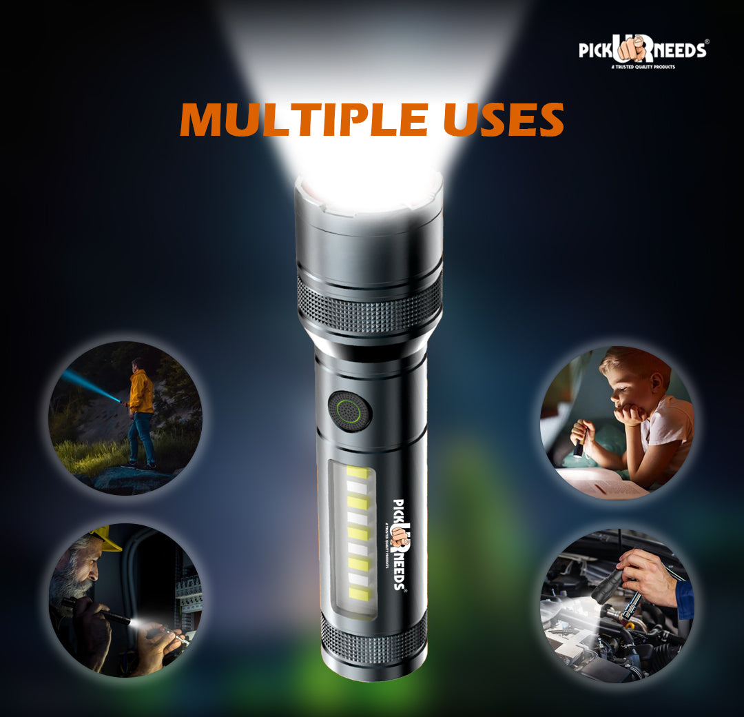 Pick Ur Needs Rechargeable Metal Body Torch Zoomable Head 1200 mAh Battery 3 Color Mode Lights 5 hrs Torch Emergency Light