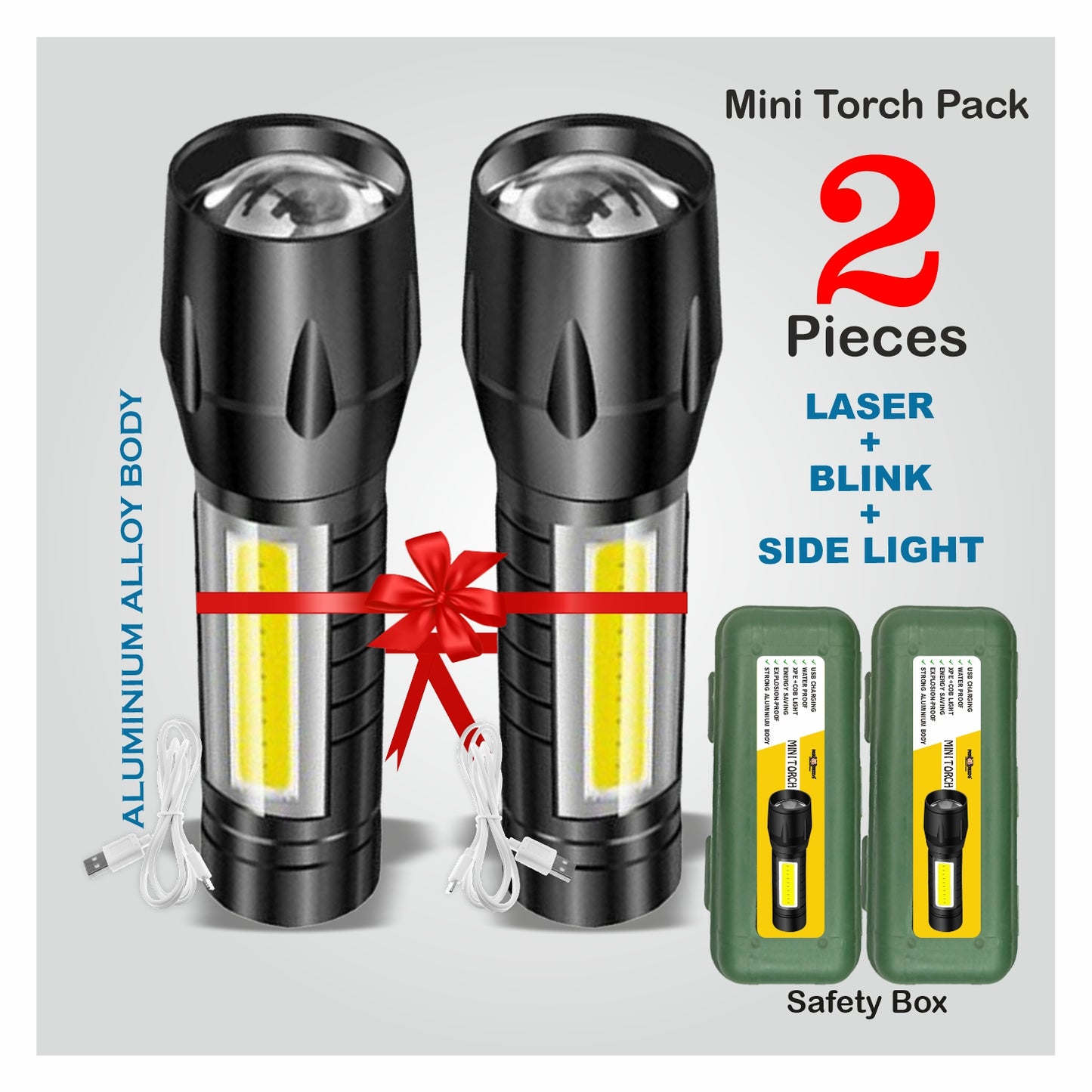 Pick Ur Needs Dual Mode 3 In 1 Mini Metal Long Range Rechargeable Torch Light (Pack of 2)