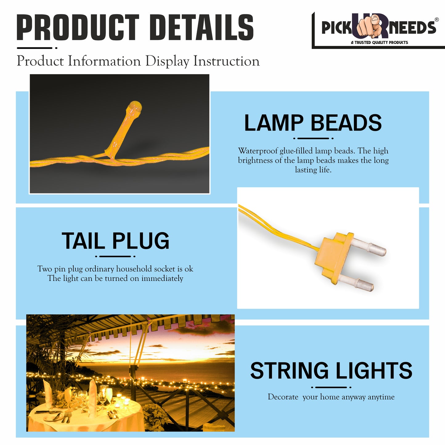 Pick Ur Needs 60 LEDs 20 m Yellow Steady String Rice Lights  (Pack of 4)