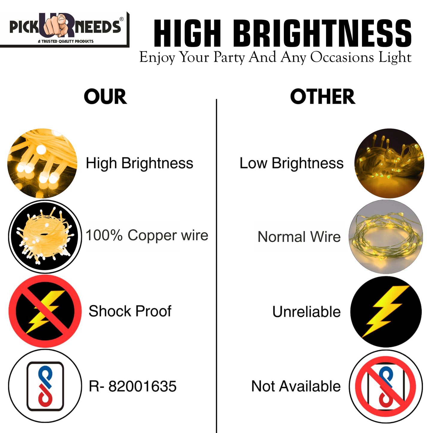 Pick Ur Needs 60 LEDs 20 m Yellow Steady String Rice Lights  (Pack of 6)