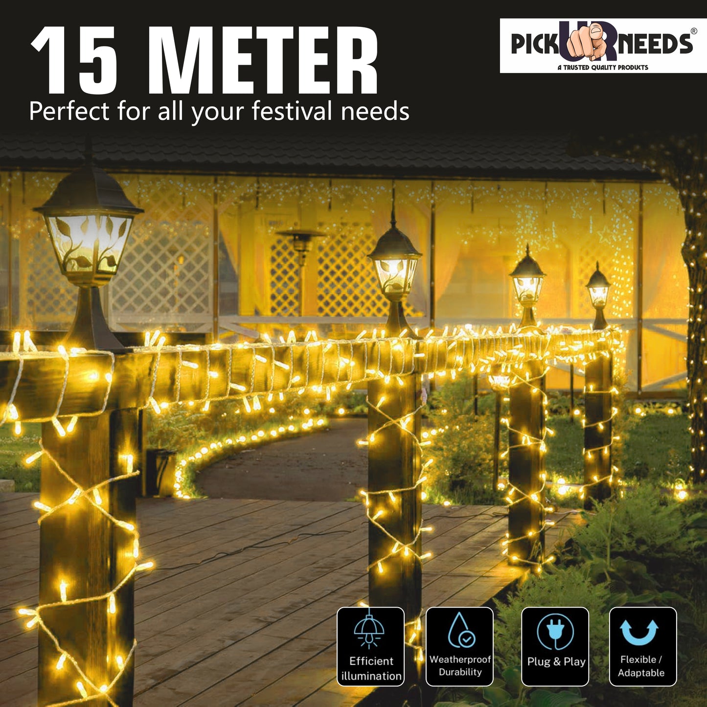 Pick Ur Needs 60 LEDs 20 m Yellow Steady String Rice Lights  (Pack of 4)