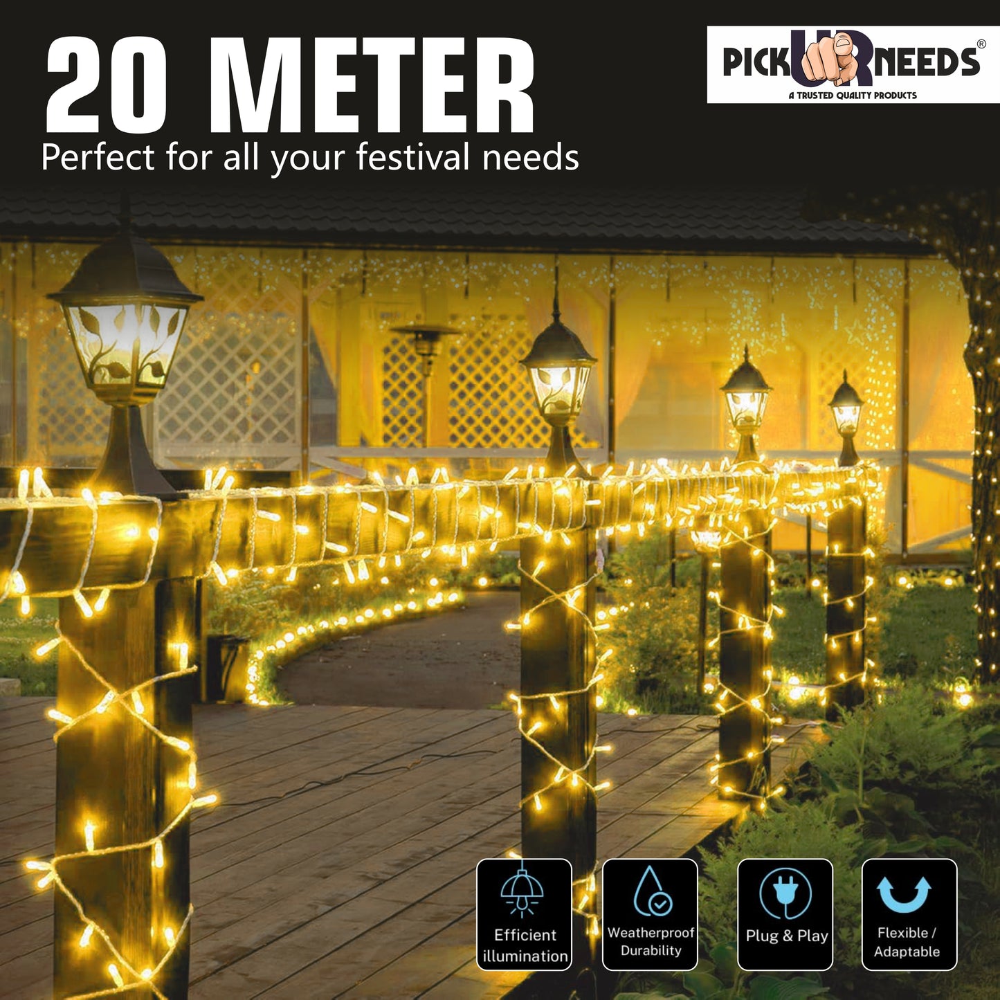 Pick Ur Needs 60 LEDs 20 m Yellow Steady String Rice Lights  (Pack of 4)