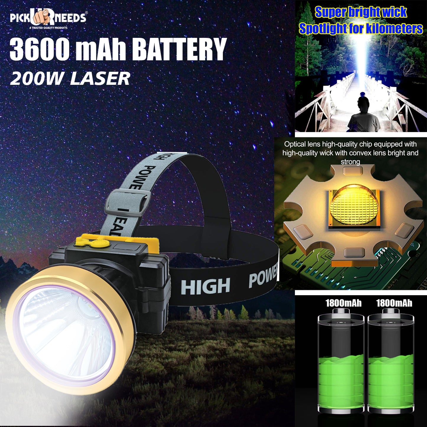 Pick Ur Needs 200W Laser Rechargeable Headlamp With Straps For Outdoor Usage 3600 mAh Battery 5 hrs Torch Emergency Light