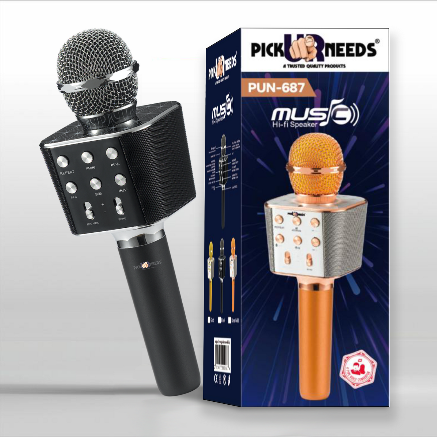 Pick Ur Needs Karaoke Mic with Led Light Wireless Bluetooth Microphone Connection Player Speaker 2-in1 with Recording + USB+FM