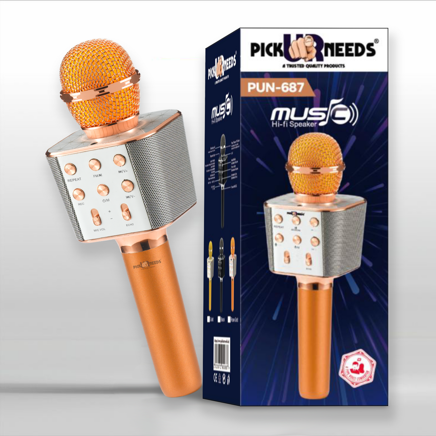 Pick Ur Needs Karaoke Mic with Led Light Wireless Bluetooth Microphone Connection Player Speaker 2-in1 with Recording + USB+FM