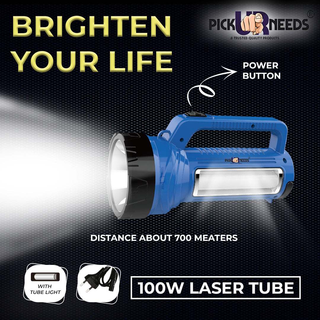 Pick Ur Needs Rechargeable Long Range LED Searchlight 100W + Side Tube 8 hrs Torch Emergency Light  (Yellow)