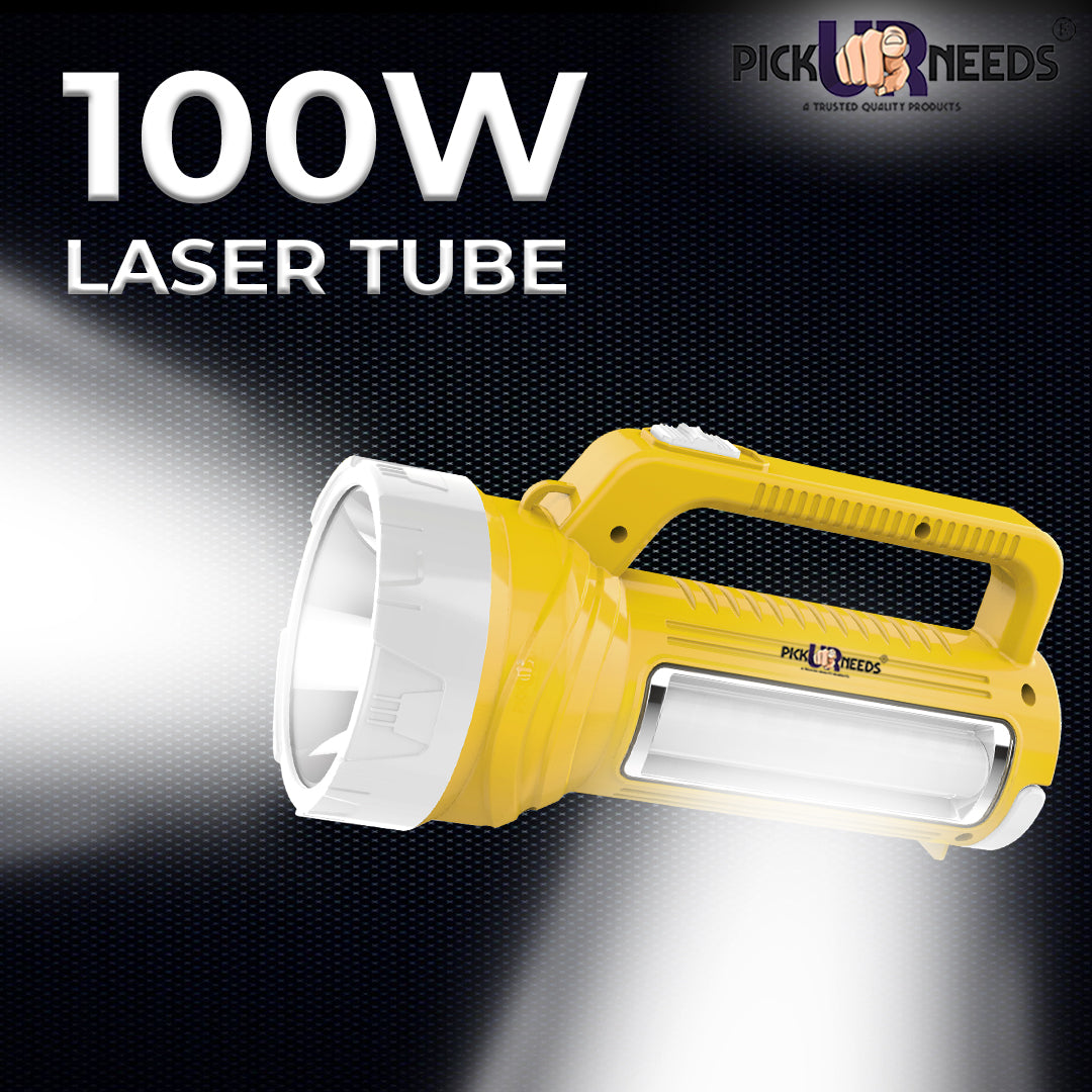 Pick Ur Needs Rechargeable Long Range LED Searchlight 100W + Side Tube 8 hrs Torch Emergency Light  (Yellow)