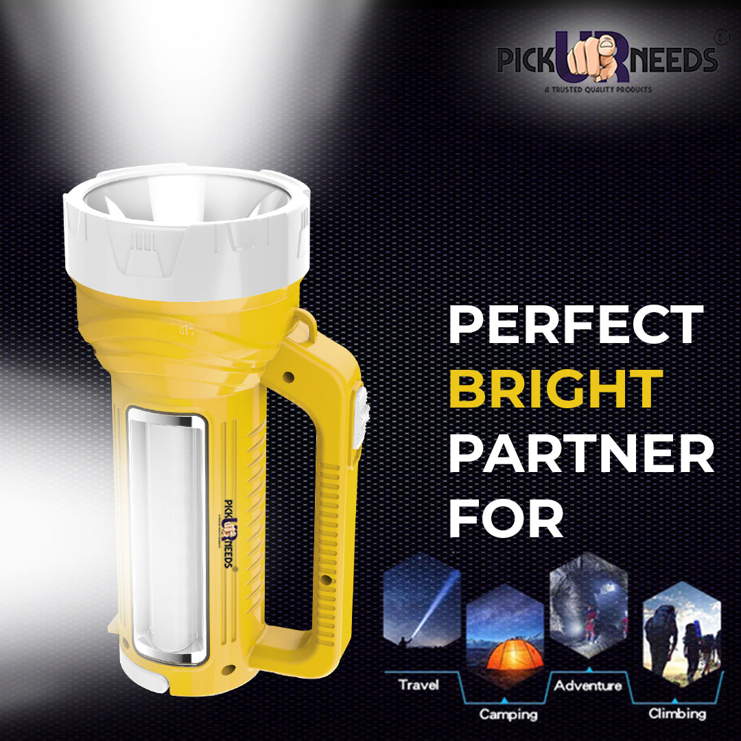 Pick Ur Needs Rechargeable Long Range LED Searchlight 100W + Side Tube 8 hrs Torch Emergency Light  (Yellow)