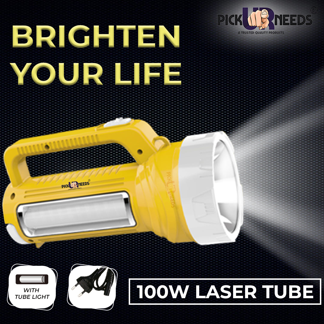 Pick Ur Needs Rechargeable Long Range LED Searchlight 100W + Side Tube 8 hrs Torch Emergency Light  (Yellow)