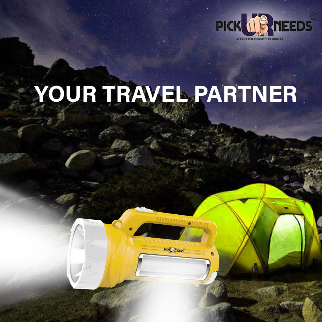 Pick Ur Needs Rechargeable Long Range LED Searchlight 100W + Side Tube 8 hrs Torch Emergency Light  (Yellow)