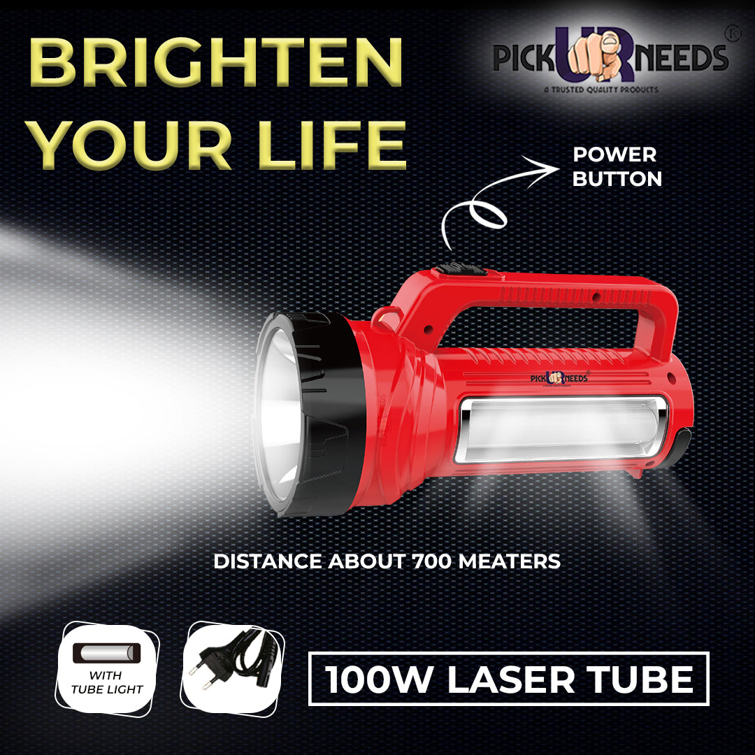 Pick Ur Needs Rechargeable Long Range LED Searchlight 100W + Side Tube 8 hrs Torch Emergency Light  (Yellow)