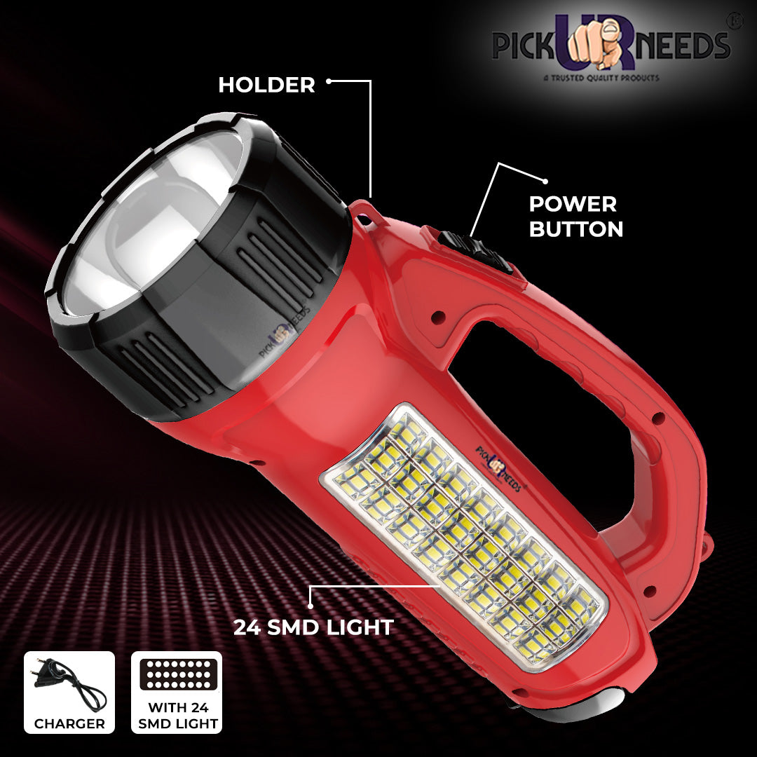 Pick Ur Needs Long Range LED Emergency 100W+24 SMD Rechargeable Search Torch Light