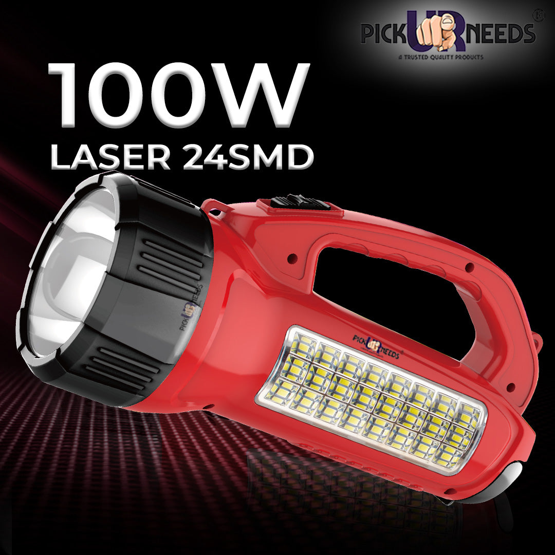 Pick Ur Needs Long Range LED Emergency 100W+24 SMD Rechargeable Search Torch Light