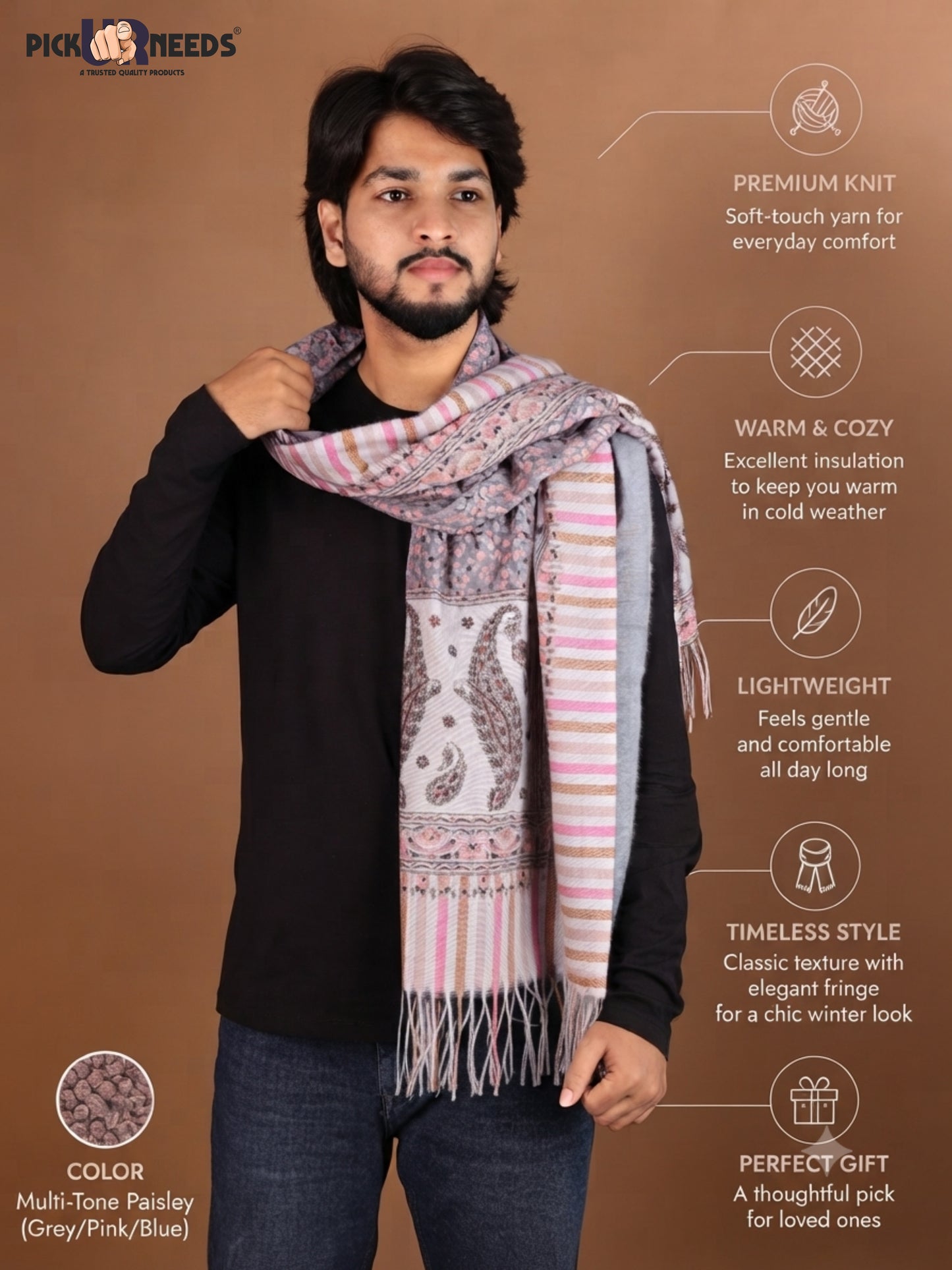 Pick Ur Needs Men’s Premium Winter Shawl Stole Stylish Paisley Print Wrap Scarf For Boys with Soft Feel & Fringed Finish