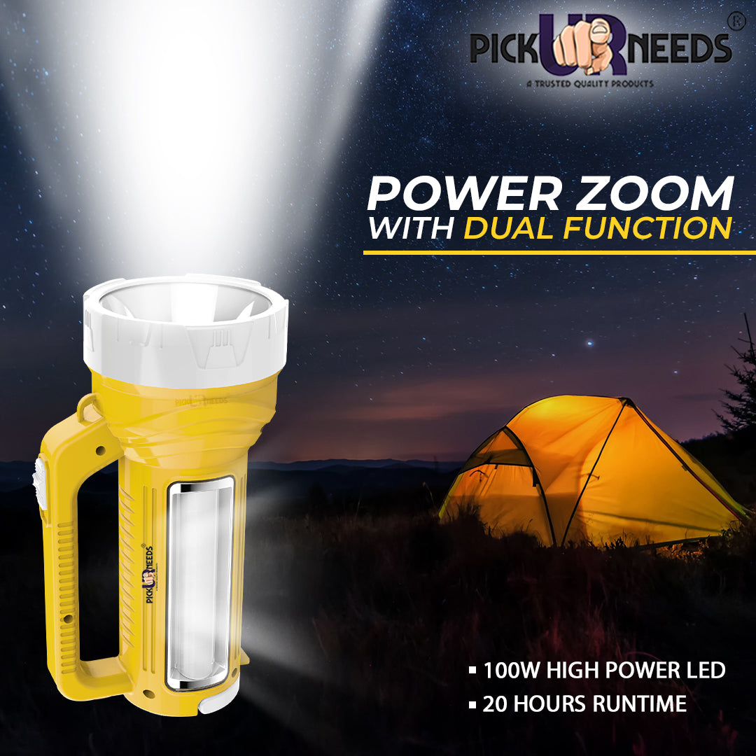 Pick Ur Needs Rechargeable Long Range LED Searchlight 100W + Side Tube 8 hrs Torch Emergency Light  (Yellow)