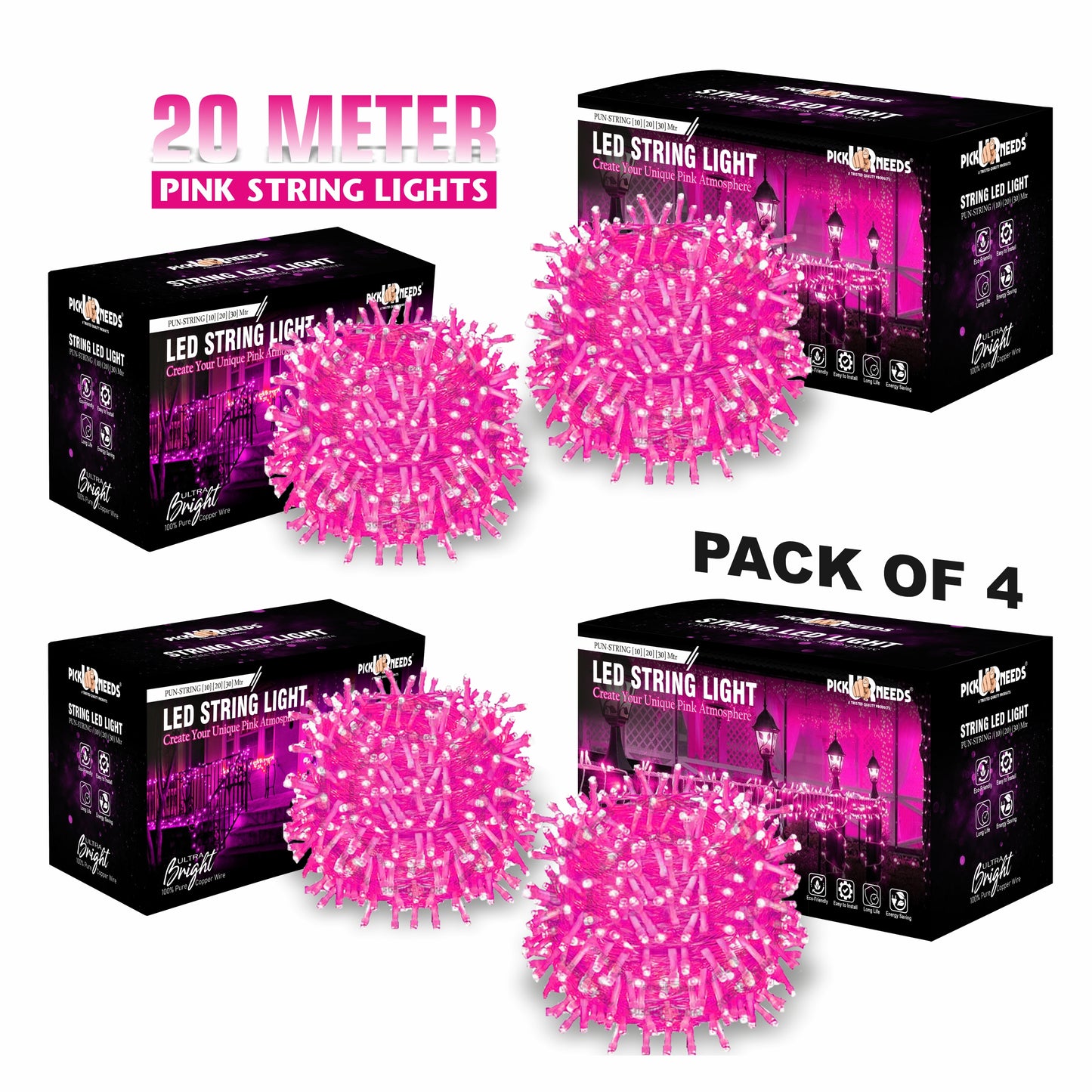 Pick Ur Needs 60 LEDs 20 m Yellow Steady String Rice Lights  (Pack of 4)