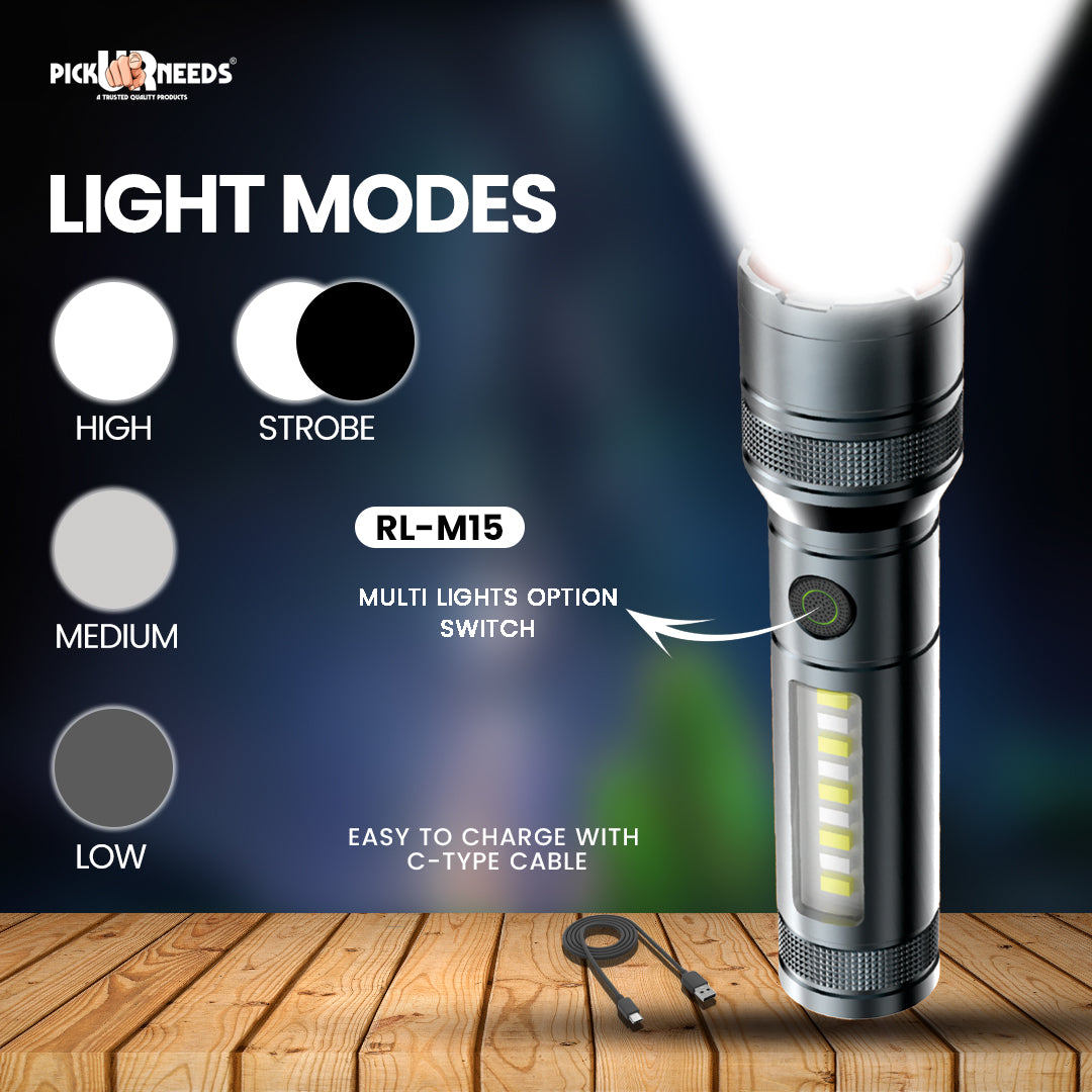 Pick Ur Needs Rechargeable Metal Body Torch Zoomable Head 1200 mAh Battery 3 Color Mode Lights 5 hrs Torch Emergency Light