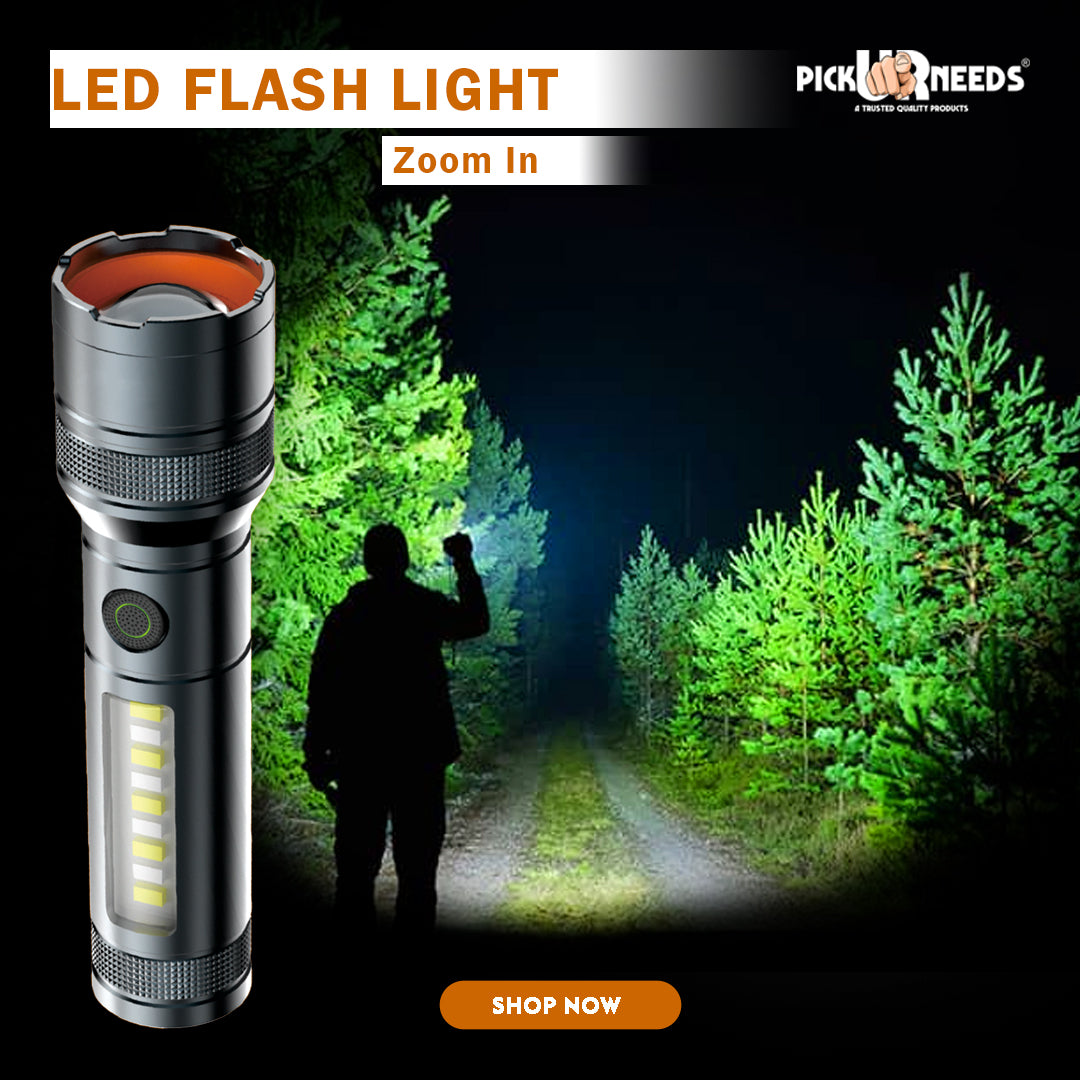 Pick Ur Needs Rechargeable Metal Body Torch Zoomable Head 1200 mAh Battery 3 Color Mode Lights 5 hrs Torch Emergency Light